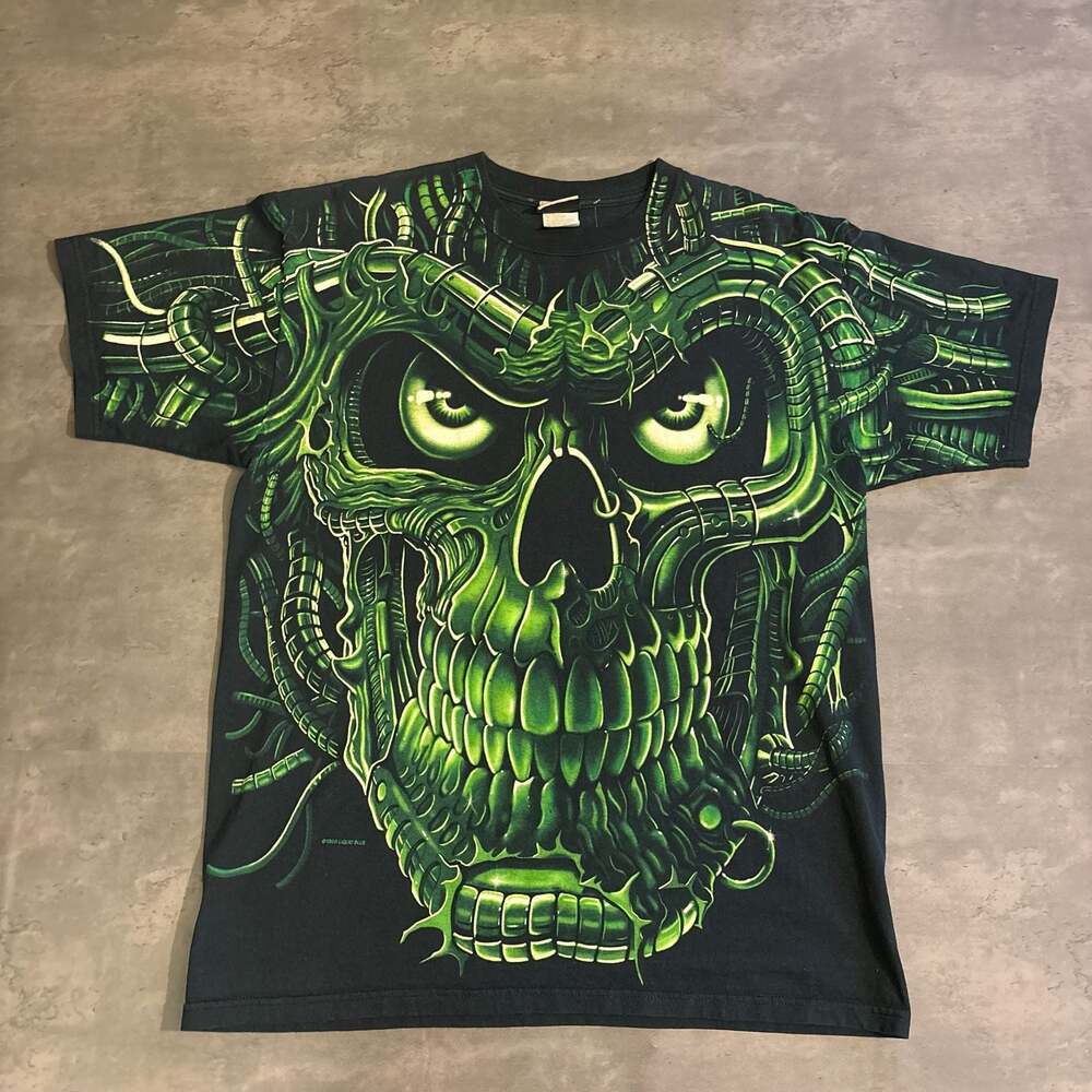 Vintage 1998 Liquid Blue Cyber Skull All Over Print T-Shirt Size L